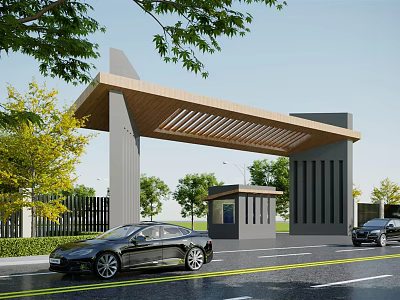 Modern Entrance Gate With Wooden Canopy Roof Security Booth Lush Trees And Black Cars 3d model
