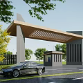 Modern Entrance Gate With Wooden Canopy Roof Security Booth Lush Trees And Black Cars