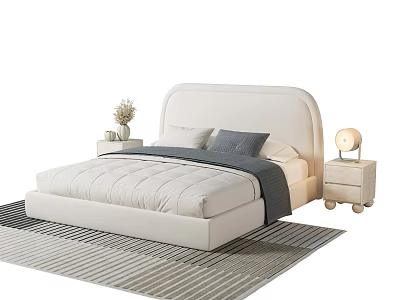 Light Colored Upholstered Double Bed With Soft Quilt Gray Pillows And Striped Rug 3d model