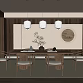 Modern Restaurant Interior Design With Wooden Dining Table Pendant Lights And Round Wall Art