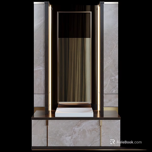 Elegant Modern Washbasin Vanity With Marble Countertop And Mirror Lighting 3d model