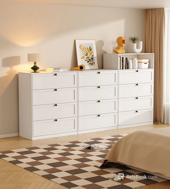 White Bedroom Dresser With Multiple Drawers Table Lamp Photo Frame And Decorative Items 3d model 