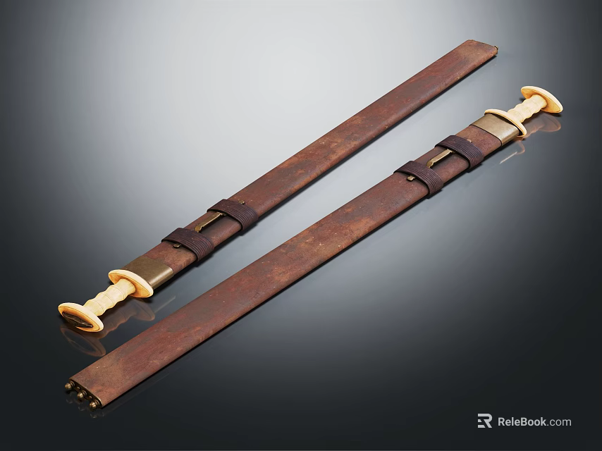 Vintage Weapon Sword With Leather Scabbard And Brass Metal Accents 3d model 