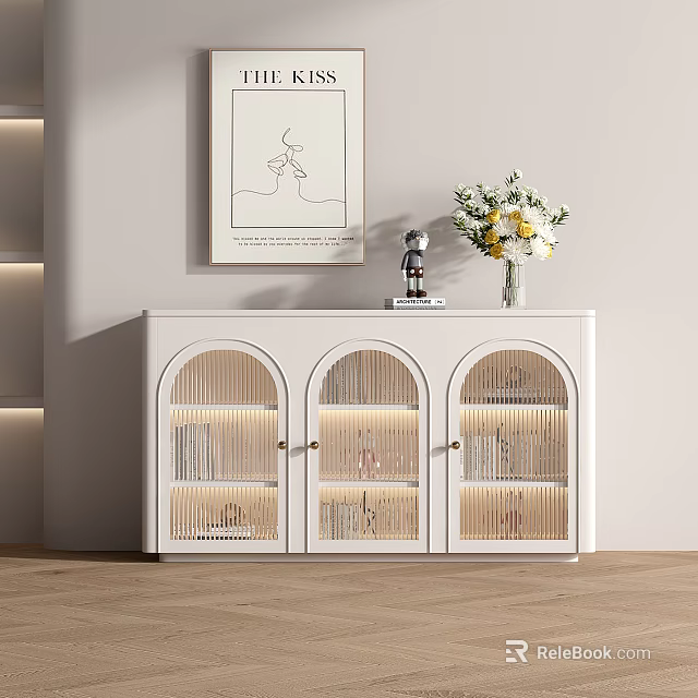 White Entryway Cabinet Sideboard With Arched Doors Lattice Design Lighting Strips Inside Books And Decor 3d model 