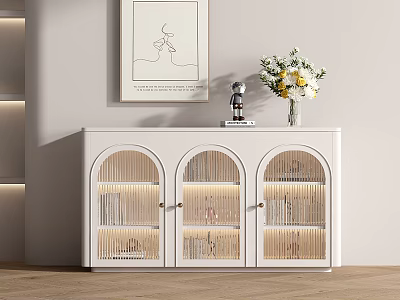 White Entryway Cabinet Sideboard With Arched Doors Lattice Design Lighting Strips Inside Books And Decor 3d model