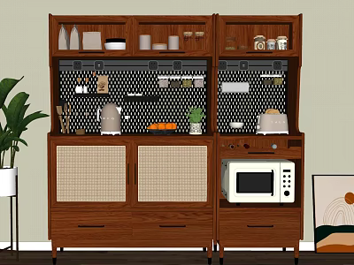 Wooden Sideboard With Open Shelves Mesh Design Cabinet Drawers And Containers Near Potted Plant Artwork 3d model