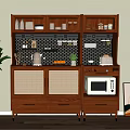 Wooden Sideboard With Open Shelves Mesh Design Cabinet Drawers And Containers Near Potted Plant Artwork