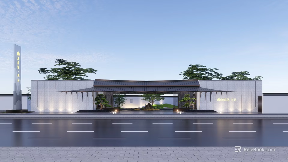 Traditional Chinese Entrance Gate With Dark Roof White Walls And Surrounding Trees 3d model 