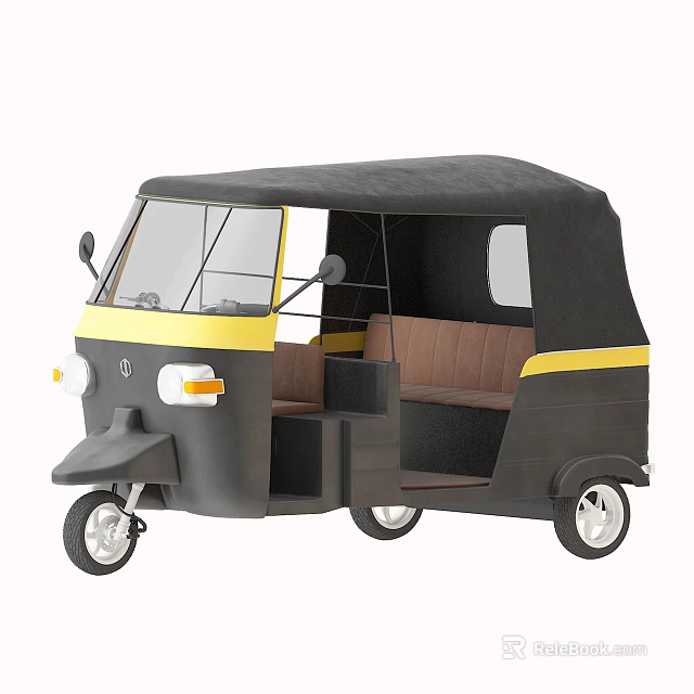 Black And Yellow Tricycle With Canopy Brown Seats And Windshield 3d model 