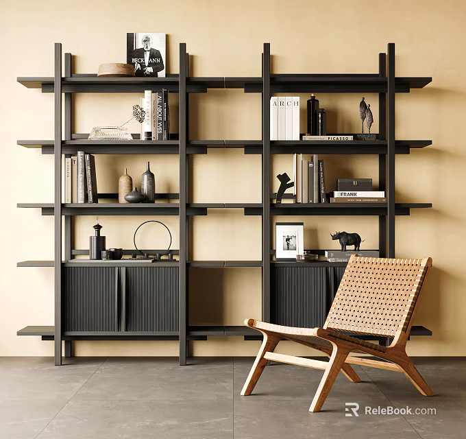 Black Open Shelving Bookcase With Books Decorative Sculptures And Rattan Chair In Modern Minimalist Style 3d model 