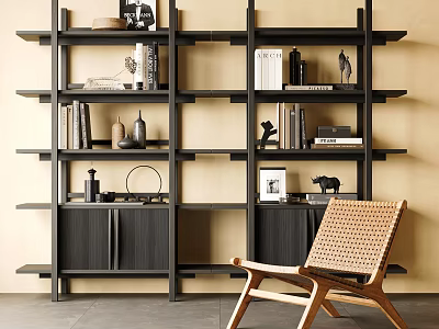 Black Open Shelving Bookcase With Books Decorative Sculptures And Rattan Chair In Modern Minimalist Style 3d model