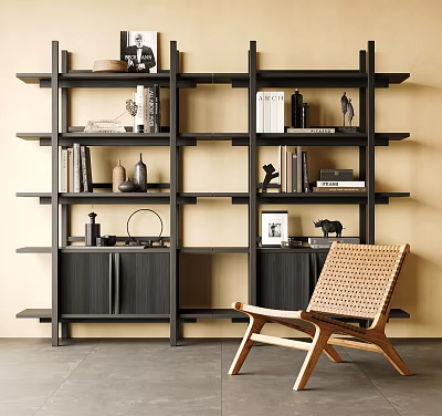 Black Open Shelving Bookcase With Books Decorative Sculptures And Rattan Chair In Modern Minimalist Style 3d model