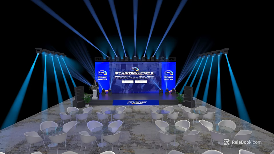 Modern Ballroom Interior With Blue Stage Lights White Chairs And Backdrop Screen 3d model 
