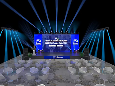 Modern Ballroom Interior With Blue Stage Lights White Chairs And Backdrop Screen 3d model