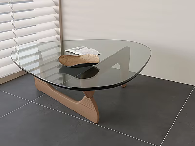 Oval Glass Coffee Table With Curved Wooden Legs Open Book Tray And Gray Tile Floor 3d model