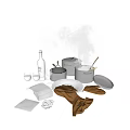 Stainless Steel Kitchen Cookware With Pots Spatula Wine Glasses Plate And Napkins