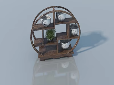 Wooden Swing Door with White Jars Green Plant and Light Gray Background Reflection 3d model