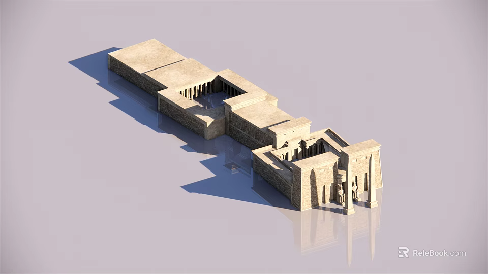 Ancient Egyptian Temple 3D Model with Stone Columns Symmetrical Layout and Courtyard Design 3d model