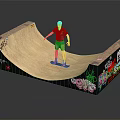 Young man skateboarding on wooden ramp with colorful graffiti art and casual outfit