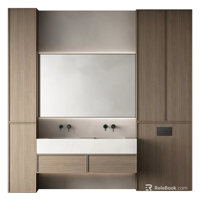 Modern Bathroom Cabinet With Large Mirror Double Faucets Wooden Sink Counter And Storage 3d model 