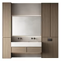 Modern Bathroom Cabinet With Large Mirror Double Faucets Wooden Sink Counter And Storage