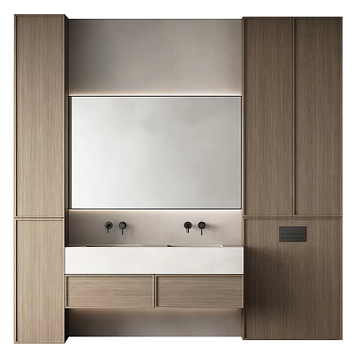 Modern Bathroom Cabinet With Large Mirror Double Faucets Wooden Sink Counter And Storage 3d model