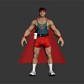 Muscular Superhero Character With Red Cape Blue Vest Yellow Logo Red Shorts And White Sneakers