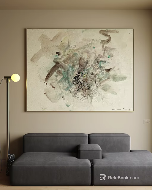 Abstract Painting In Neutral Green Tones For Living Room With Gray Sofa And Floor Lamp 3d model 