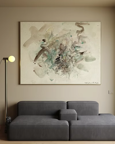Abstract Painting In Neutral Green Tones For Living Room With Gray Sofa And Floor Lamp 3d model