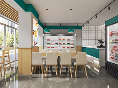 Modern Restaurant Interior With Green White Decor Open Layout Dining Tables And Chairs 3d model