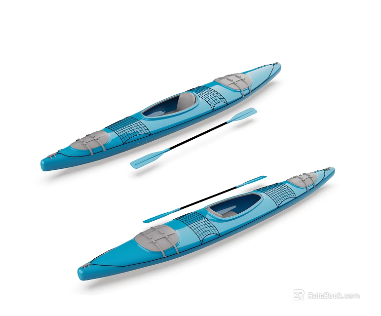 Two Blue Recreational Kayaks With Gray Accents And Paddles For Outdoor Use 3d model 