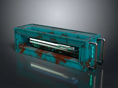 Turquoise Rusted Metal Box With Glowing Light Tube And Handles On Dark Reflective Surface 3d model