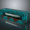 Turquoise Rusted Metal Box With Glowing Light Tube And Handles On Dark Reflective Surface