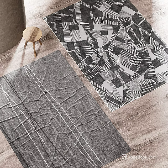 Square Rugs with Black White Geometric Patterns and Gray Linear Textures on Wooden Floor for Modern Home 3d model 