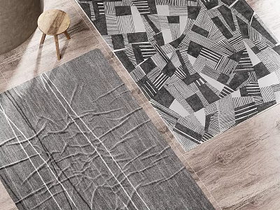 Square Rugs with Black White Geometric Patterns and Gray Linear Textures on Wooden Floor for Modern Home 3d model