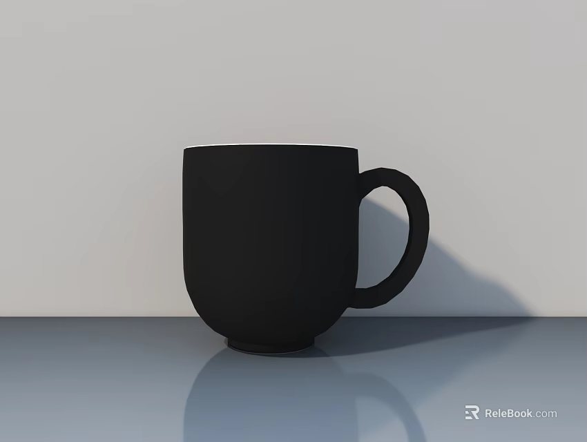 Sleek Black Cup With Handle On Smooth Reflective Surface Against White Background 3d model