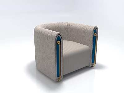 Gray Upholstered Single Sofa With Blue Accent Armrests And Gold Metal Trim 3d model