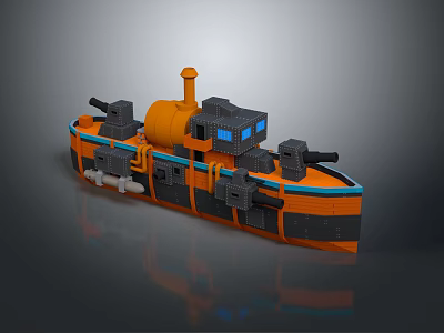 Lego Style Orange Black Watercraft Model With Cannons Chimney And Blue Windows 3d model