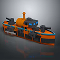 Lego Style Orange Black Watercraft Model With Cannons Chimney And Blue Windows