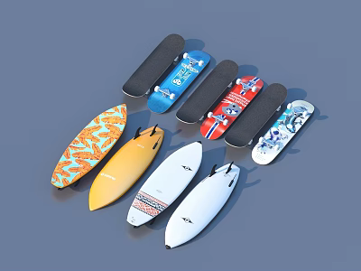 Sports Equipment Featuring Colorful Skateboards and Surfboards With Unique Designs 3d model