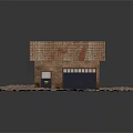 Red Brick Building With Tile Roof Graffiti Garage Door And Gravel Ground