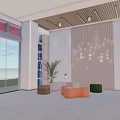 Modern Service Hall Interior With Elevators Seating Green Plants And Glass Doors