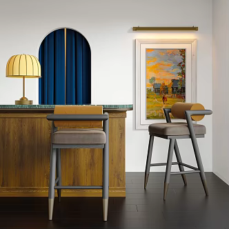 Retro Style Bar Chair Backrest Bar Chair Bar Stool High Chair Table Lamp Oil Painting 3d model