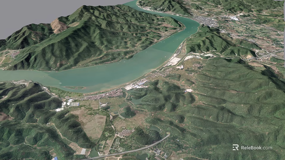 Beautiful Scenic Landscape With Green Mountains Winding River And Lush Vegetation 3d model 