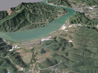 Beautiful Scenic Landscape With Green Mountains Winding River And Lush Vegetation 3d model