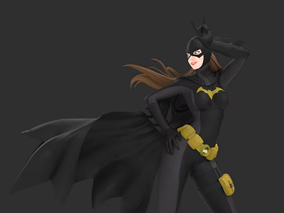 Game Movie Character Batgirl In Black Costume With Yellow Bat Symbol Black Cape And Mask 3d model