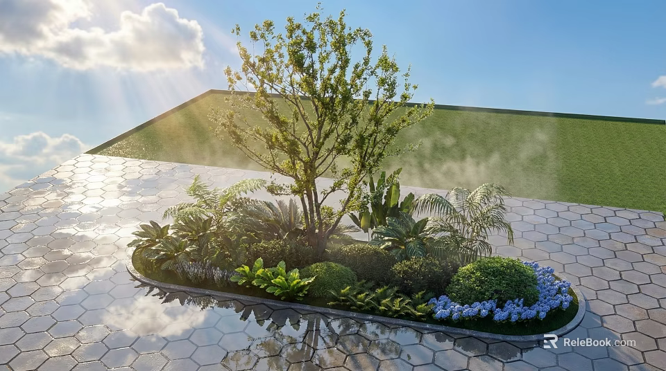 Outdoor Plant Combination with Tree Ferns Shrubs Blue Flowers Water Feature and Hexagonal Stone Pavement 3d model 