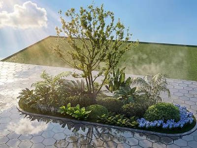 Outdoor Plant Combination with Tree Ferns Shrubs Blue Flowers Water Feature and Hexagonal Stone Pavement 3d model