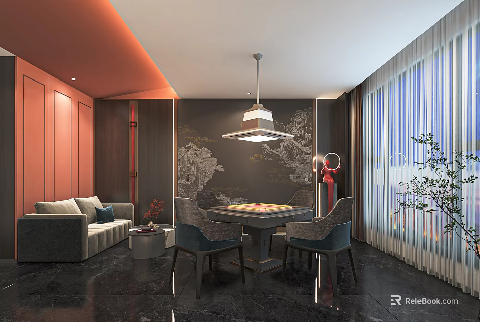 Modern Hotel Mahjong Room With Sofa Seating Mahjong Table And Chinese Wall Decor 3d model 