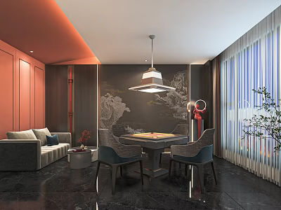 Modern Hotel Mahjong Room With Sofa Seating Mahjong Table And Chinese Wall Decor 3d model